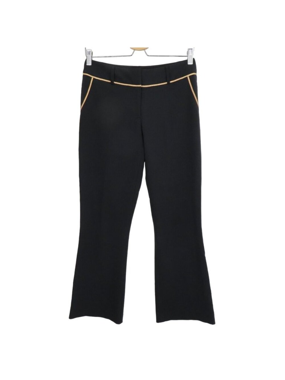 Cache Women 2 Black Gold Tan Trim Flat Front Trouser Pants Pockets Y2K 2000s